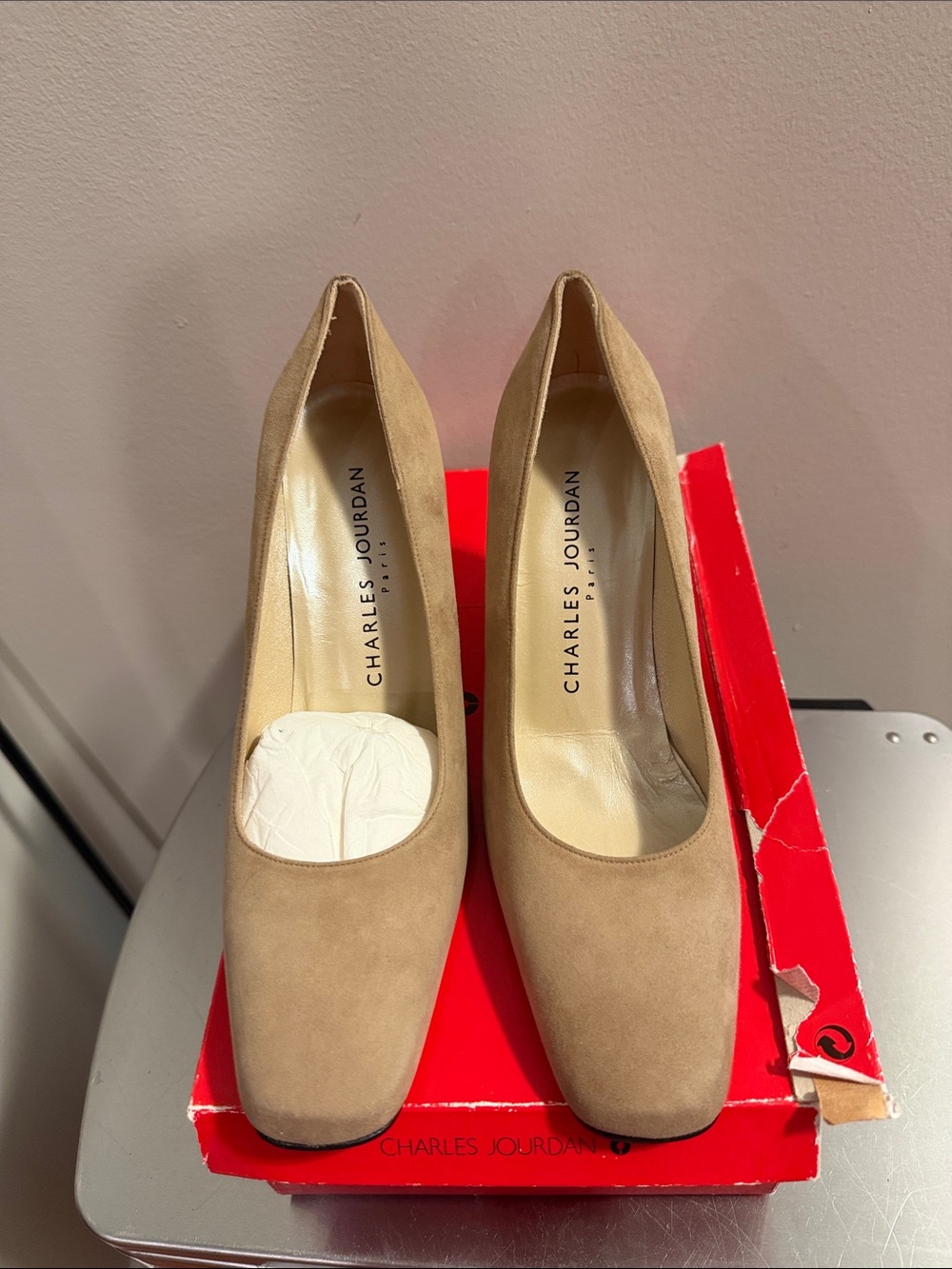 Charles Jourdan Beige Suede Square-Toe Pumps vintage